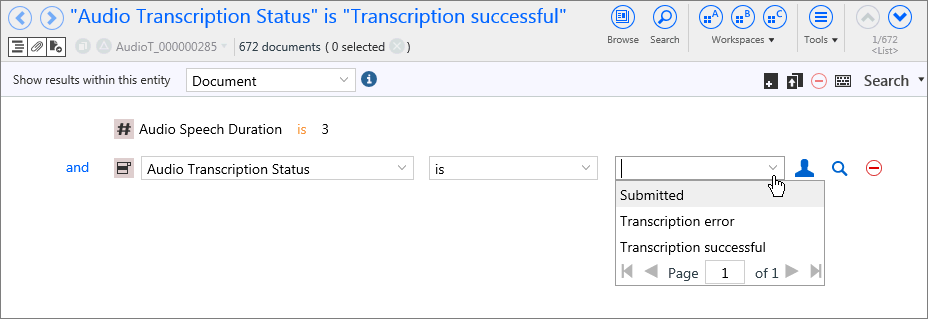 Search page showing the Audio Transcription Status search value.