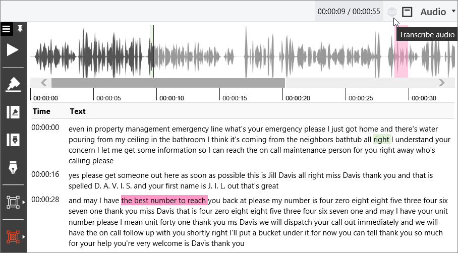 Audio pane showing an audio transcription.