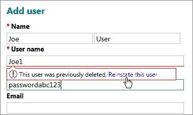 Add user dialog box showing Reinstate this user link