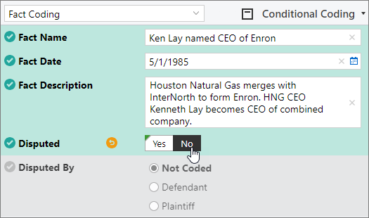 Conditional Coding pane displaying coded fields for an entity item