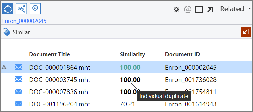 Related pane showing the Similar section with the Similarity number in bold black type and a tooltip that indicates an individual duplicate document.